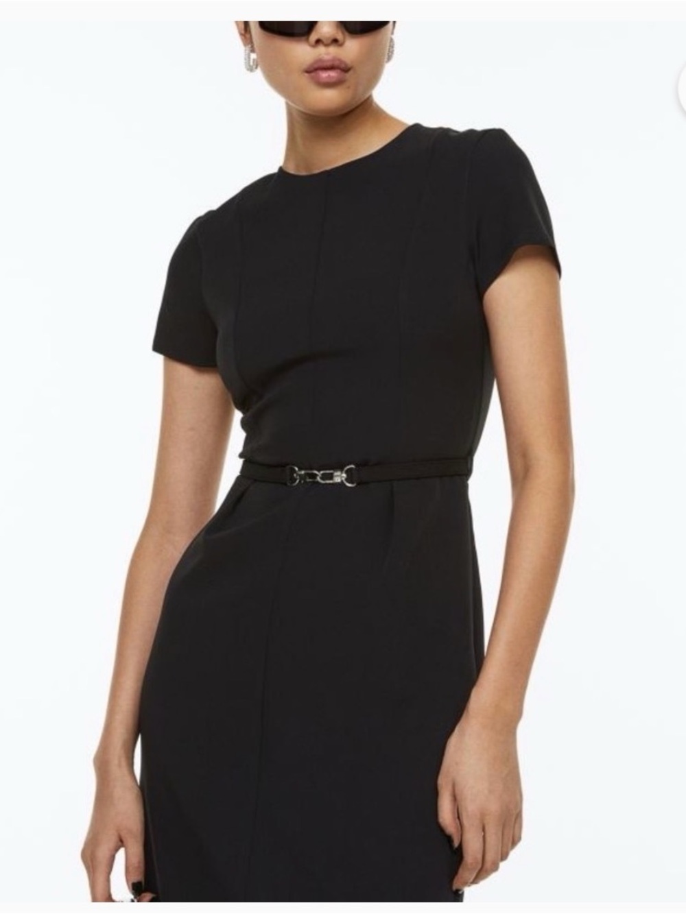 H&M Black Short-Sleeve Belted Sheath Mini Dress